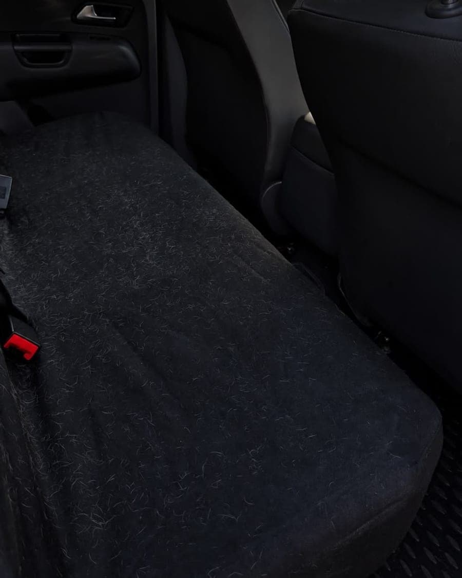 Rear seat covered in pet hair before valeting